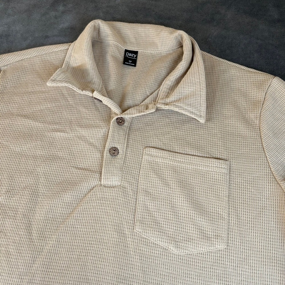 Dazy Waffle Knit Polo Shirt Mens Large Beige Short Sleeve Pocket
